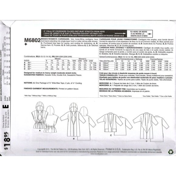 McCall's M6802 Womens 18W to 24W Hooded Cardigan Jacket Uncut Sewing Pattern New - Picture 2 of 2